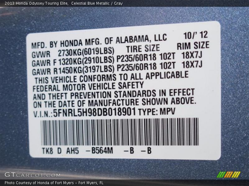 2013 Odyssey Touring Elite Celestial Blue Metallic Color Code B564M