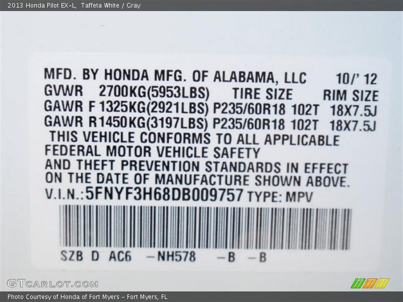 Taffeta White / Gray 2013 Honda Pilot EX-L
