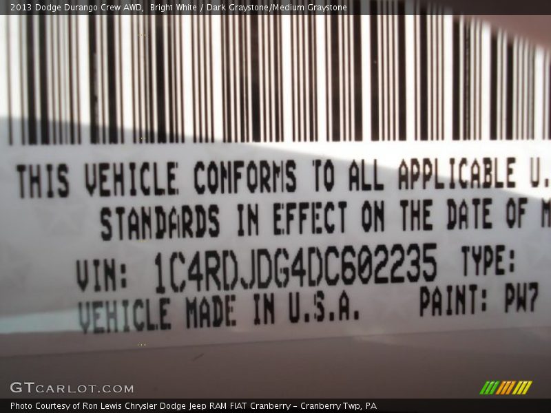 2013 Durango Crew AWD Bright White Color Code PW7