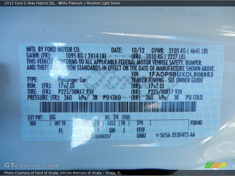 2013 C-Max Hybrid SEL White Platinum Color Code UG