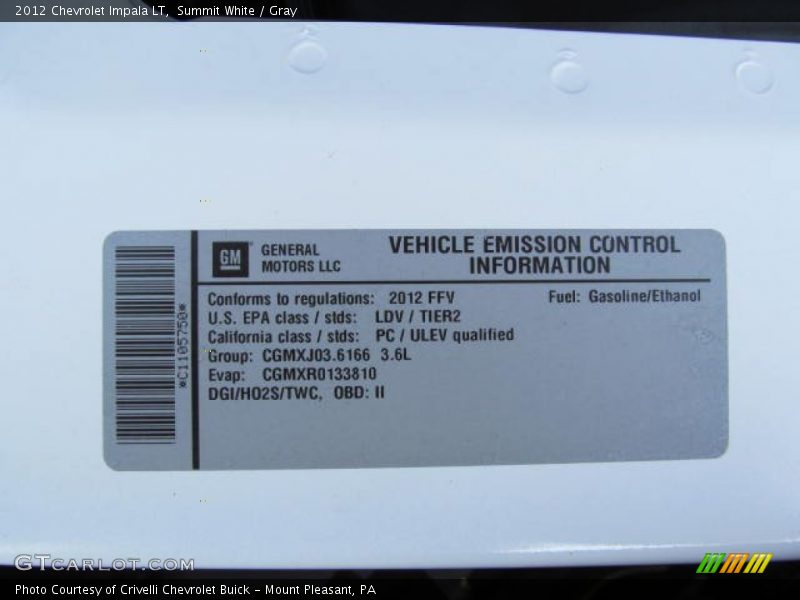 Summit White / Gray 2012 Chevrolet Impala LT