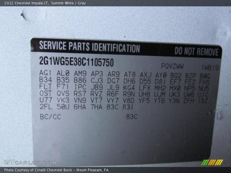 Summit White / Gray 2012 Chevrolet Impala LT