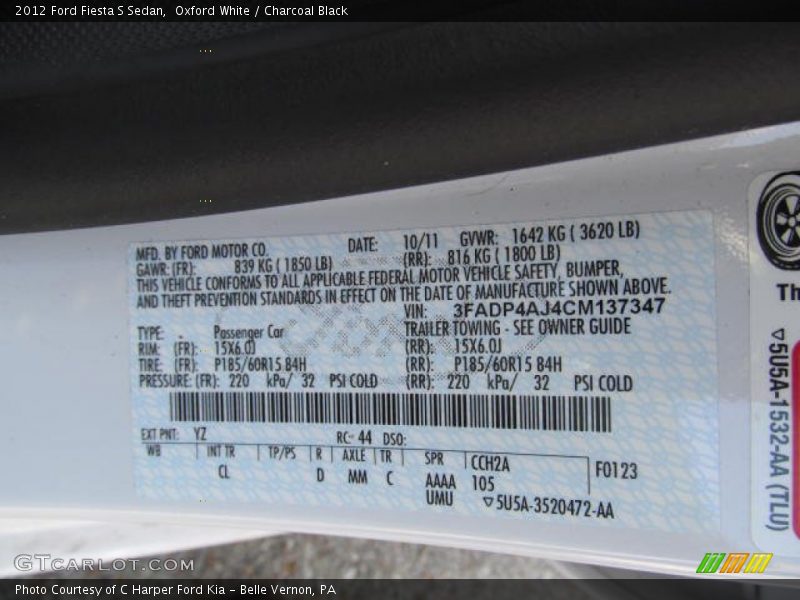 Oxford White / Charcoal Black 2012 Ford Fiesta S Sedan