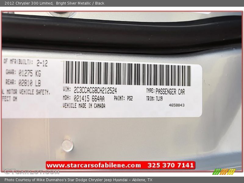 Bright Silver Metallic / Black 2012 Chrysler 300 Limited