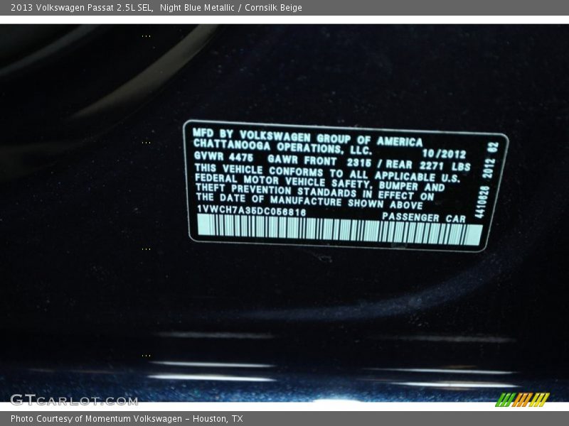 Night Blue Metallic / Cornsilk Beige 2013 Volkswagen Passat 2.5L SEL