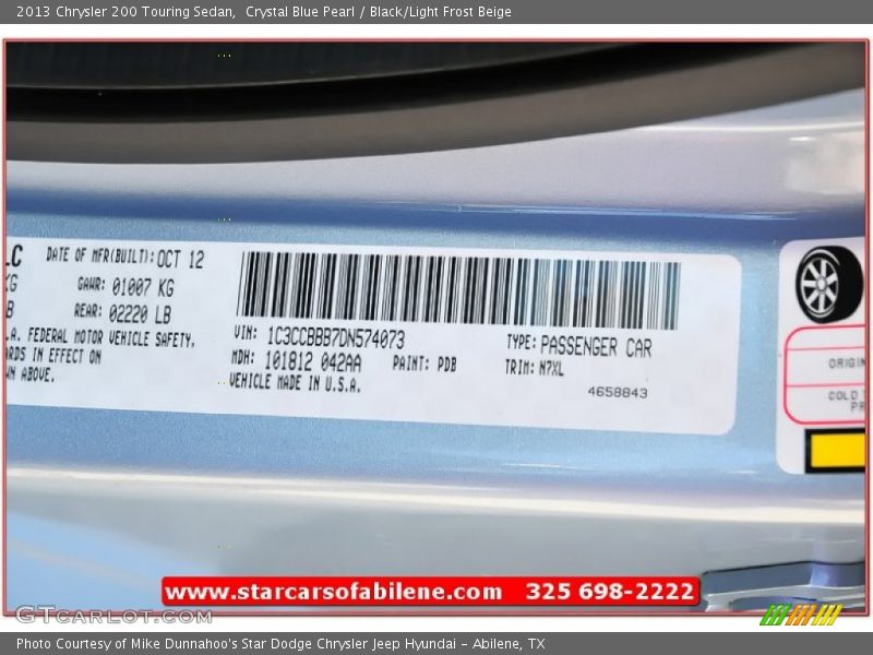 Crystal Blue Pearl / Black/Light Frost Beige 2013 Chrysler 200 Touring Sedan