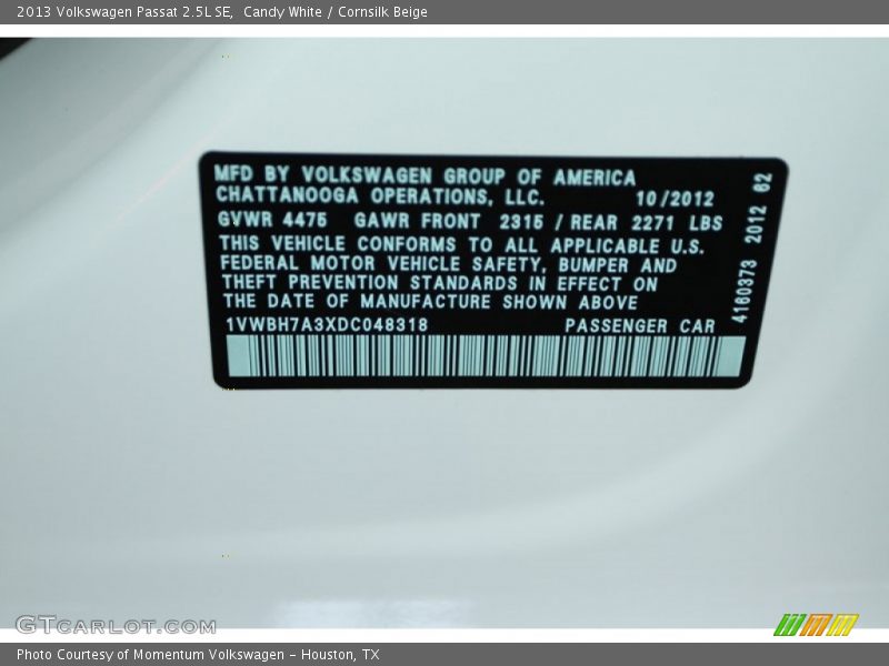 Candy White / Cornsilk Beige 2013 Volkswagen Passat 2.5L SE