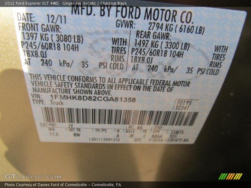 Ginger Ale Metallic / Charcoal Black 2012 Ford Explorer XLT 4WD