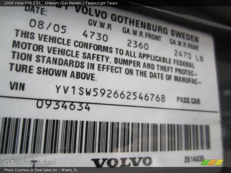 Titanium Gray Metallic / Taupe/Light Taupe 2006 Volvo V70 2.5T