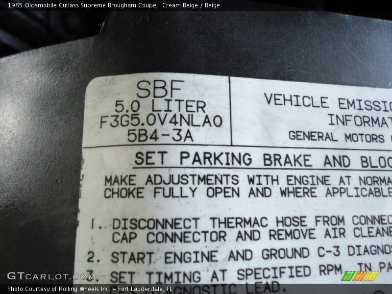 Info Tag of 1985 Cutlass Supreme Brougham Coupe