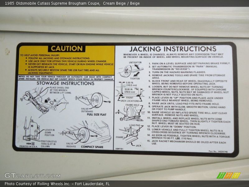 Info Tag of 1985 Cutlass Supreme Brougham Coupe