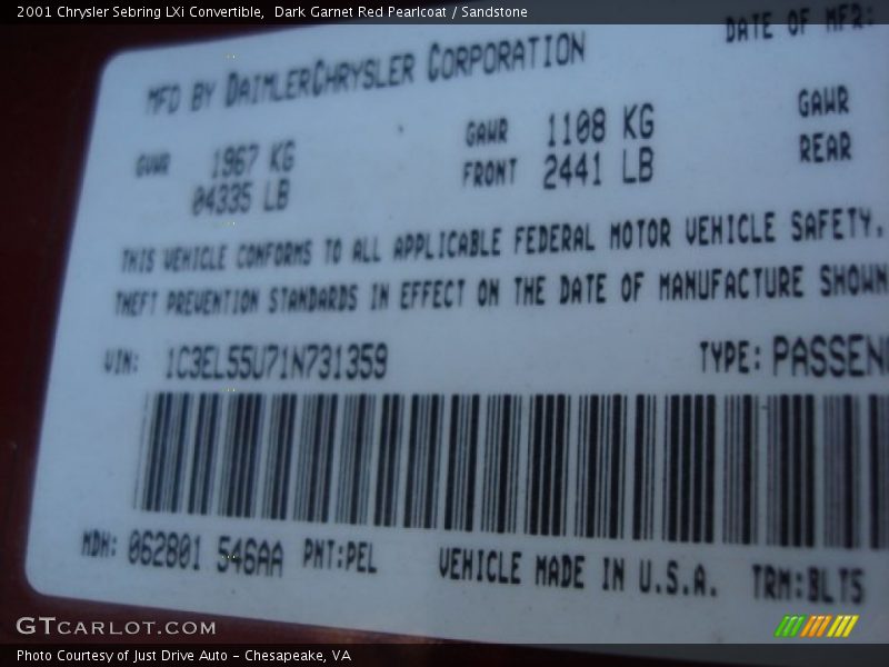 2001 Sebring LXi Convertible Dark Garnet Red Pearlcoat Color Code PEL