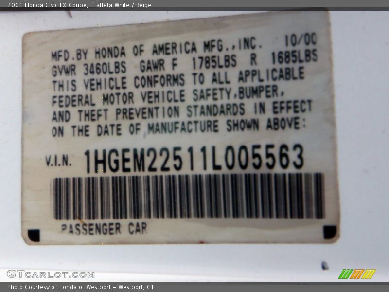 Taffeta White / Beige 2001 Honda Civic LX Coupe