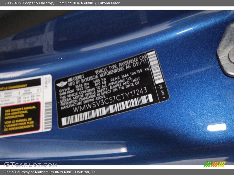 Lightning Blue Metallic / Carbon Black 2012 Mini Cooper S Hardtop