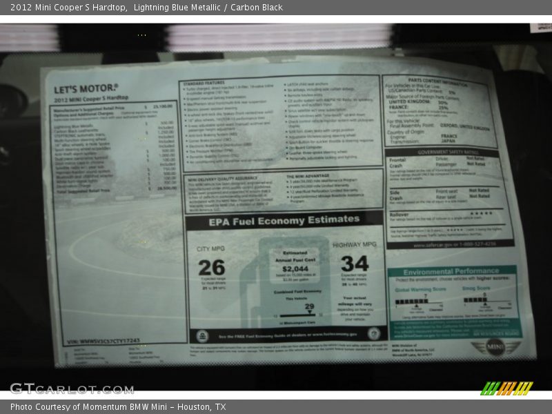 Lightning Blue Metallic / Carbon Black 2012 Mini Cooper S Hardtop