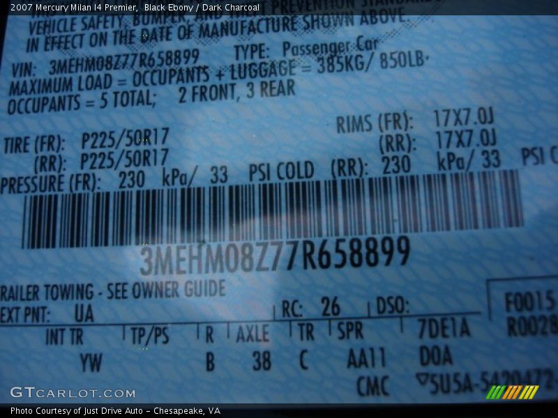 Black Ebony / Dark Charcoal 2007 Mercury Milan I4 Premier