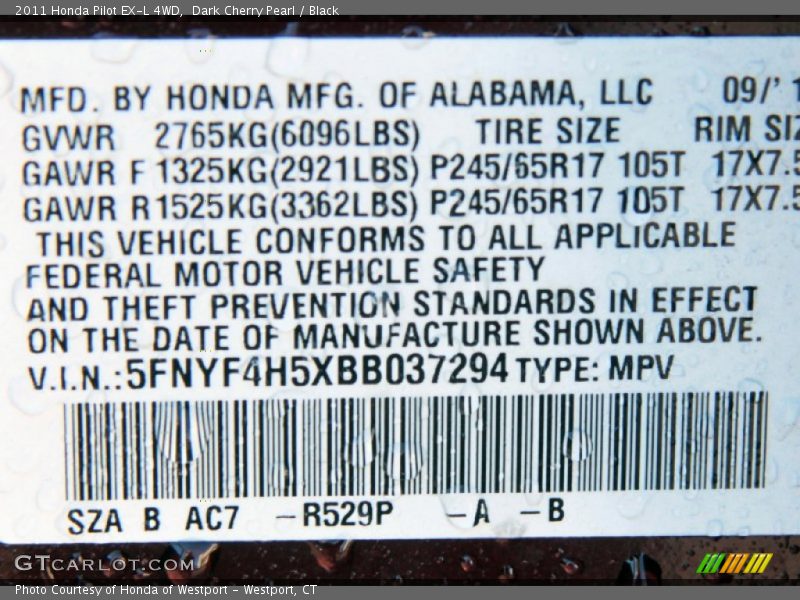 Dark Cherry Pearl / Black 2011 Honda Pilot EX-L 4WD