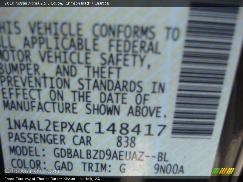 Crimson Black / Charcoal 2010 Nissan Altima 2.5 S Coupe