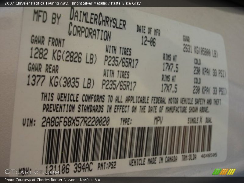 Bright Silver Metallic / Pastel Slate Gray 2007 Chrysler Pacifica Touring AWD