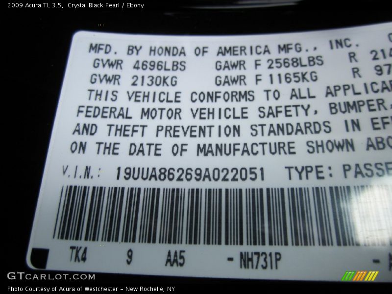 Crystal Black Pearl / Ebony 2009 Acura TL 3.5