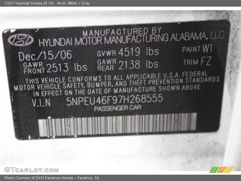 Arctic White / Gray 2007 Hyundai Sonata SE V6