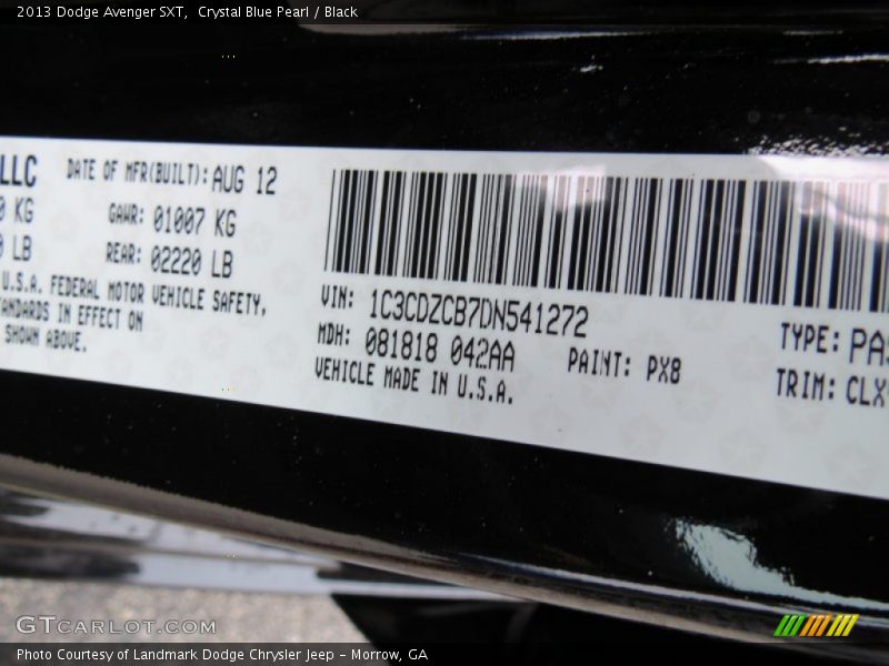 Crystal Blue Pearl / Black 2013 Dodge Avenger SXT