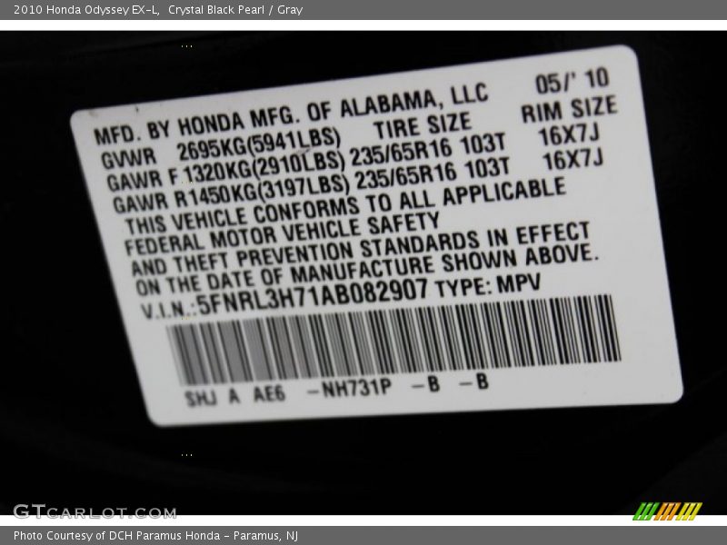 Crystal Black Pearl / Gray 2010 Honda Odyssey EX-L
