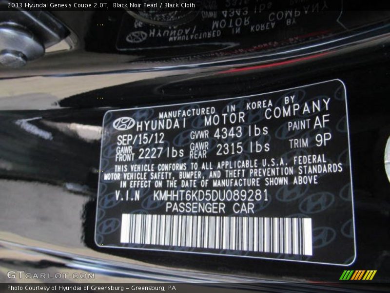 2013 Genesis Coupe 2.0T Black Noir Pearl Color Code AF