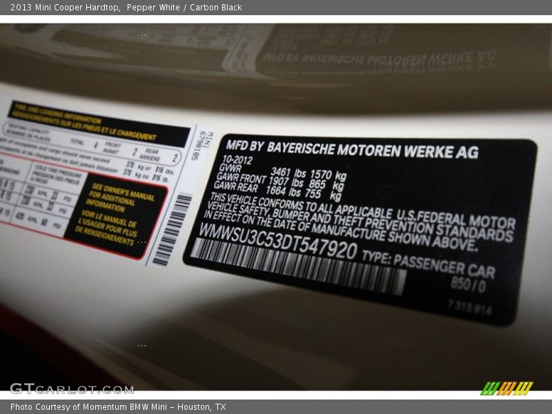 Pepper White / Carbon Black 2013 Mini Cooper Hardtop