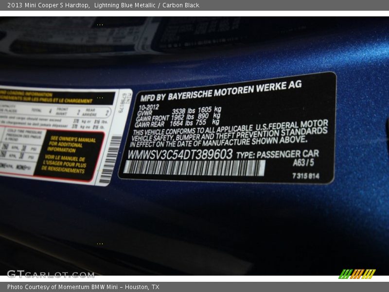 2013 Cooper S Hardtop Lightning Blue Metallic Color Code A63