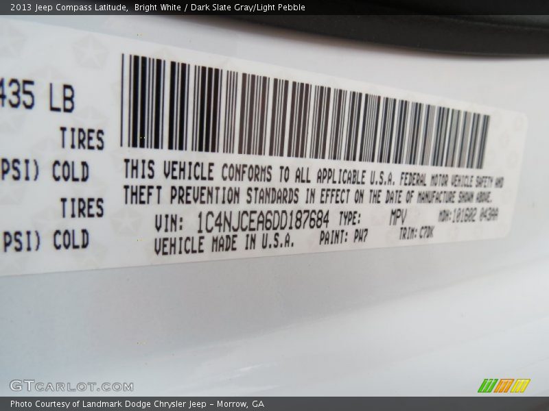 2013 Compass Latitude Bright White Color Code PW7