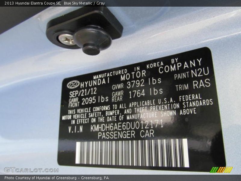 2013 Elantra Coupe SE Blue Sky Metallic Color Code N2U