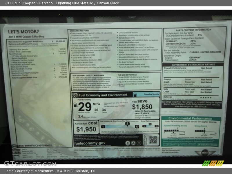  2013 Cooper S Hardtop Window Sticker