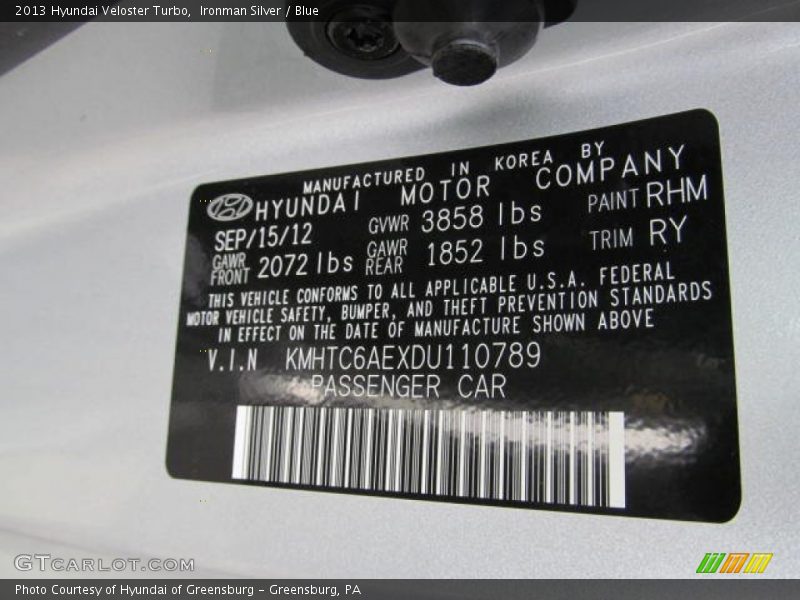 2013 Veloster Turbo Ironman Silver Color Code RHM