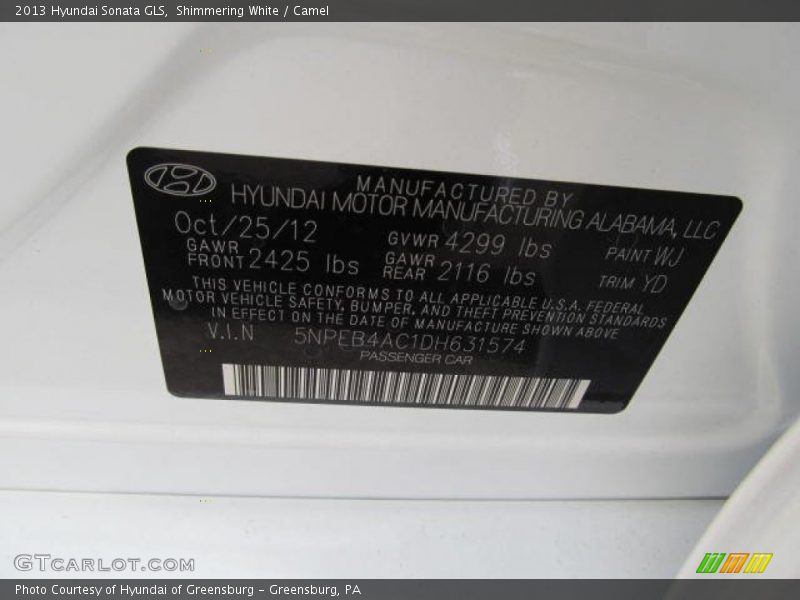 Shimmering White / Camel 2013 Hyundai Sonata GLS