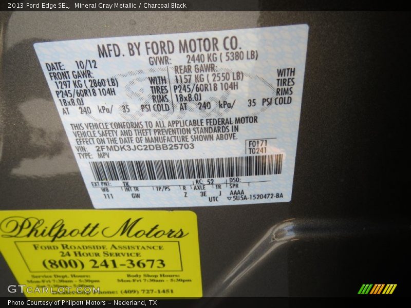 Mineral Gray Metallic / Charcoal Black 2013 Ford Edge SEL
