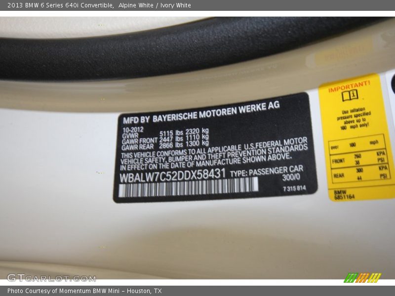 Alpine White / Ivory White 2013 BMW 6 Series 640i Convertible