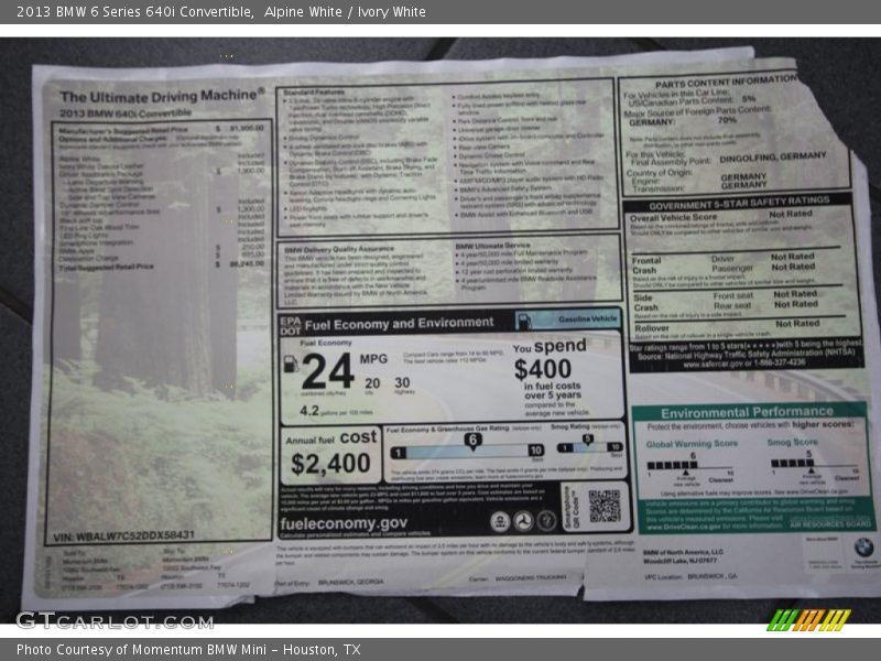  2013 6 Series 640i Convertible Window Sticker