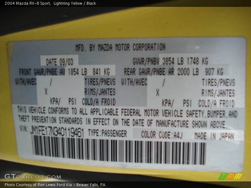 2004 RX-8 Sport Lightning Yellow Color Code A4J