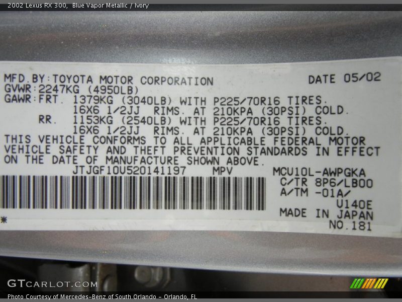 Blue Vapor Metallic / Ivory 2002 Lexus RX 300