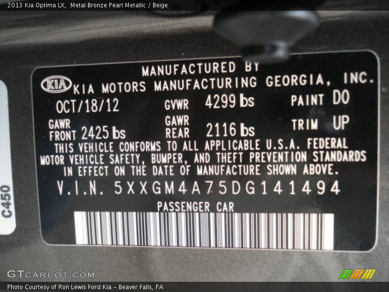 Metal Bronze Pearl Metallic / Beige 2013 Kia Optima LX