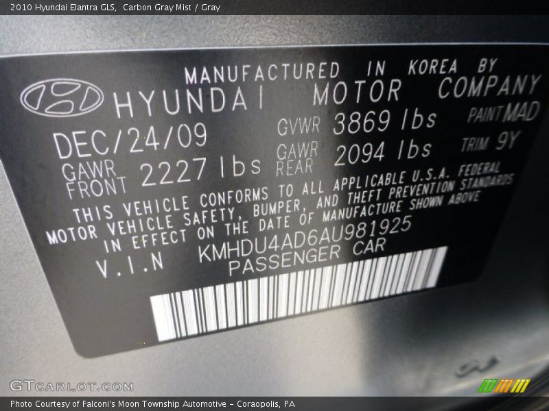 Carbon Gray Mist / Gray 2010 Hyundai Elantra GLS