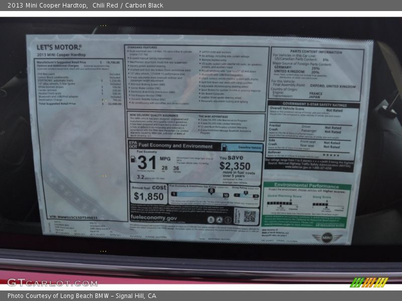 Chili Red / Carbon Black 2013 Mini Cooper Hardtop