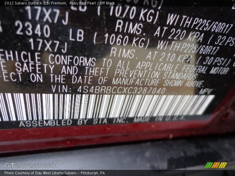 Ruby Red Pearl / Off Black 2012 Subaru Outback 2.5i Premium