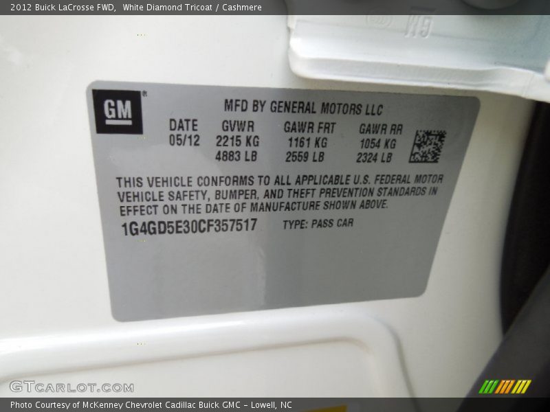 White Diamond Tricoat / Cashmere 2012 Buick LaCrosse FWD