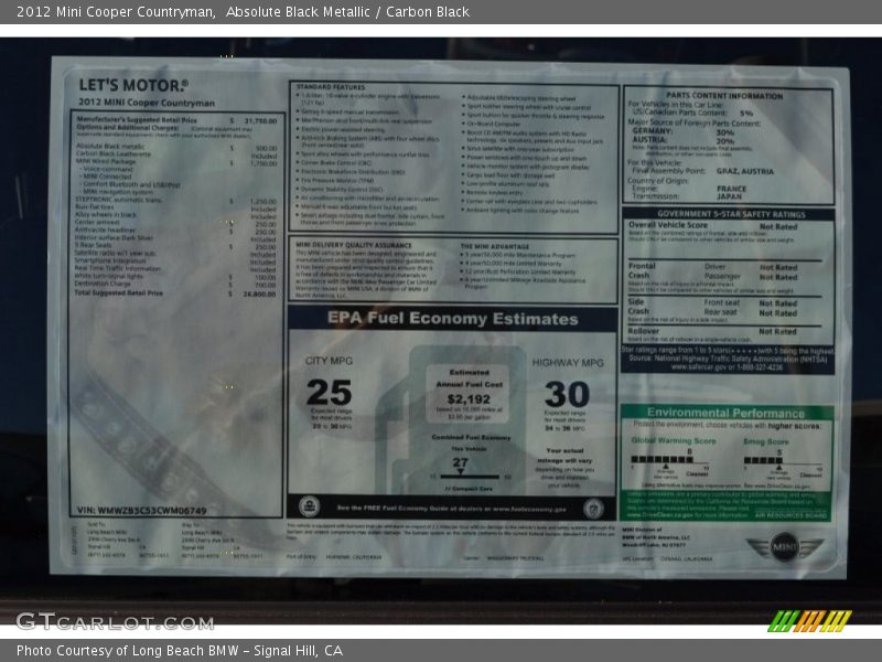 Absolute Black Metallic / Carbon Black 2012 Mini Cooper Countryman