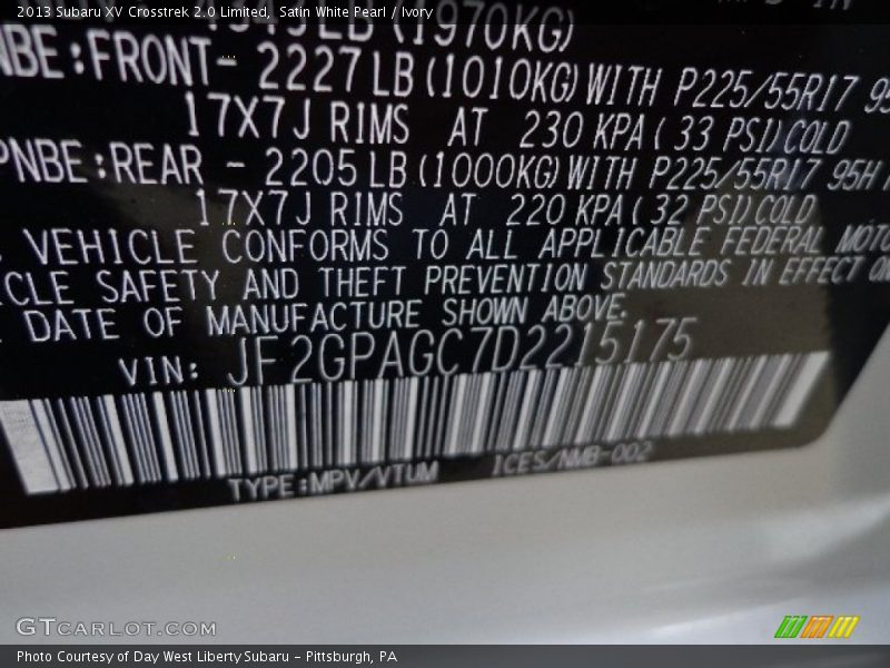Satin White Pearl / Ivory 2013 Subaru XV Crosstrek 2.0 Limited