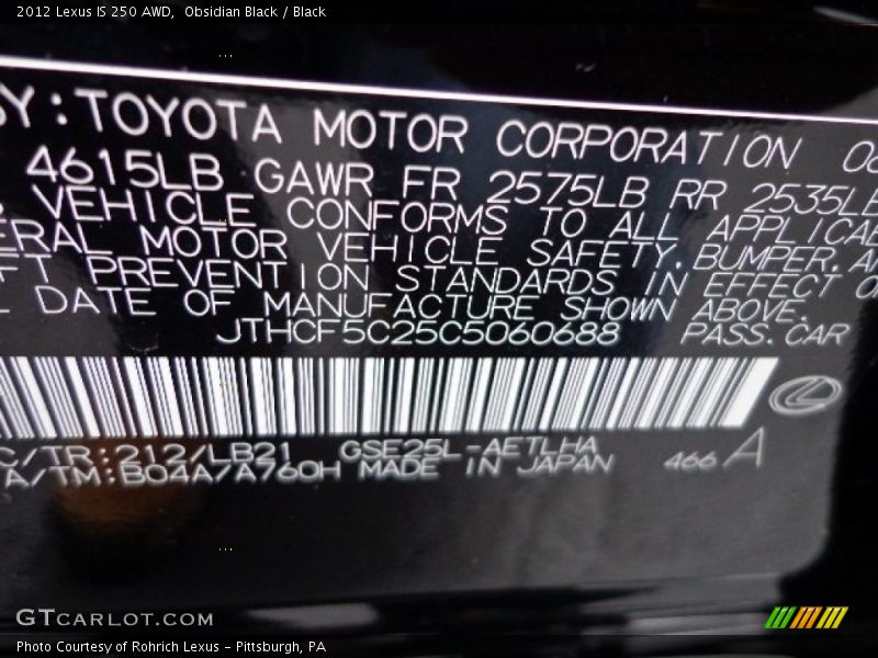 Obsidian Black / Black 2012 Lexus IS 250 AWD