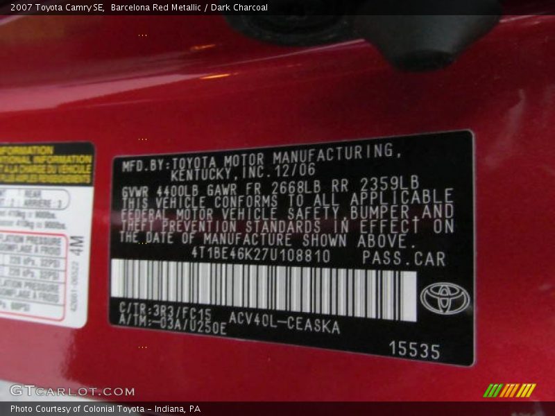 Barcelona Red Metallic / Dark Charcoal 2007 Toyota Camry SE