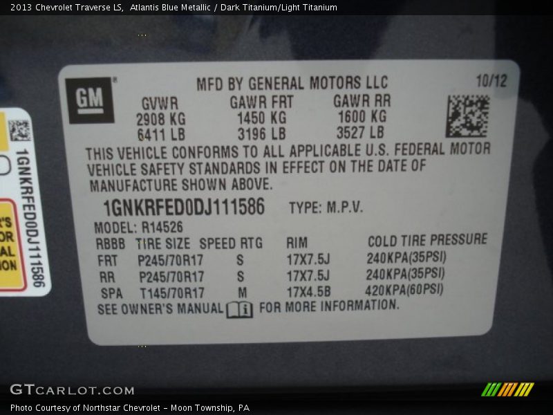 Atlantis Blue Metallic / Dark Titanium/Light Titanium 2013 Chevrolet Traverse LS